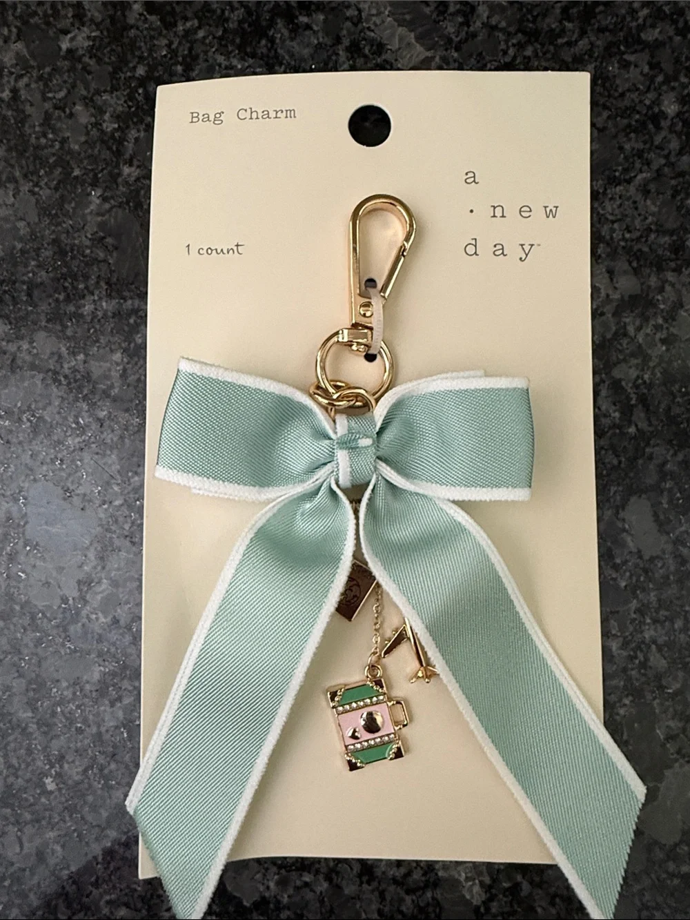 a new day Mint Ribbon and Bow Key & Card Holder Charm with Gold Hardware Travel